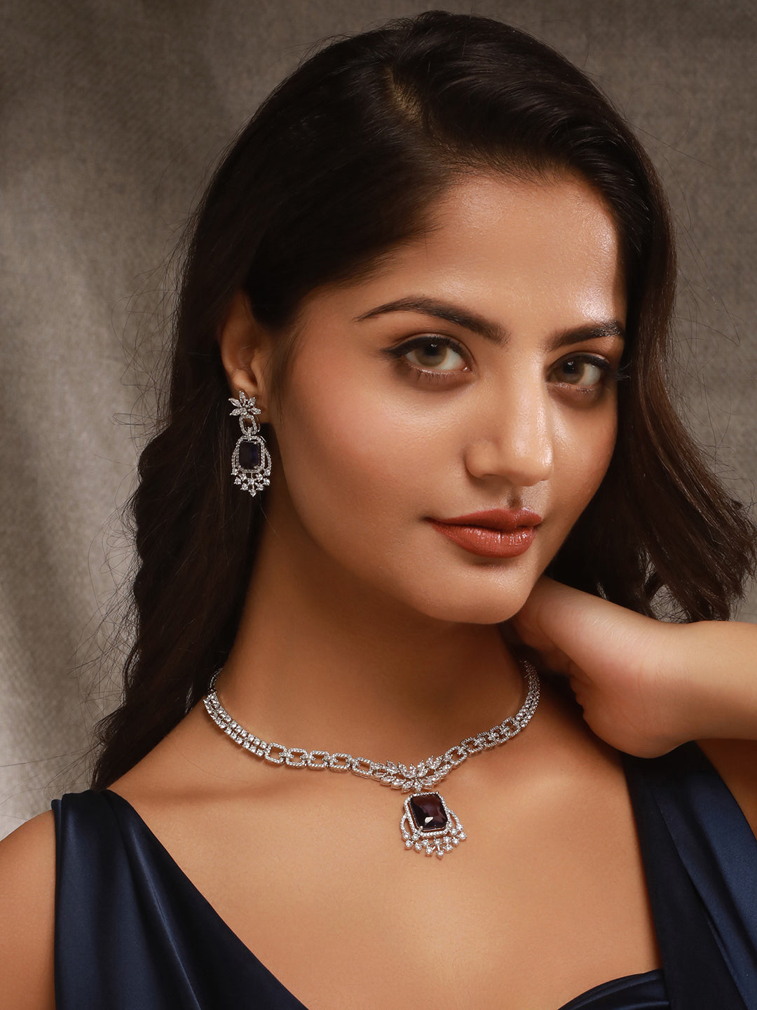 Silver Toned Purple Blue AD Zirconia Studded Floral Designer necklace Jewellery Set